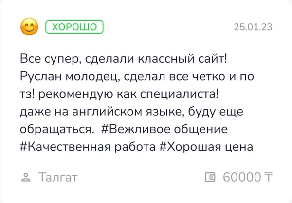 Скриншот реального отзыва клиента Талгат о разработке сайта веб-студией RC-WEB.KZ на платформе Naimi.kz — оценка 5.0 из 5