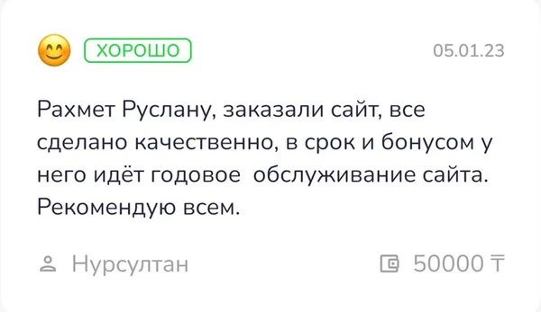 Скриншот реального отзыва клиента Нурсултан о разработке сайта веб-студией RC-WEB.KZ на платформе Naimi.kz — оценка 5.0 из 5