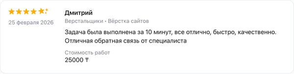 Скриншот реального отзыва клиента Дмитрий о разработке сайта веб-студией RC-WEB.KZ на платформе Profi.kz — оценка 5.0 из 5