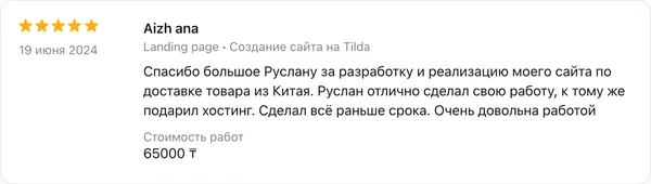 Скриншот реального отзыва клиента Aizh ana о разработке сайта веб-студией RC-WEB.KZ на платформе Profi.kz — оценка 5.0 из 5